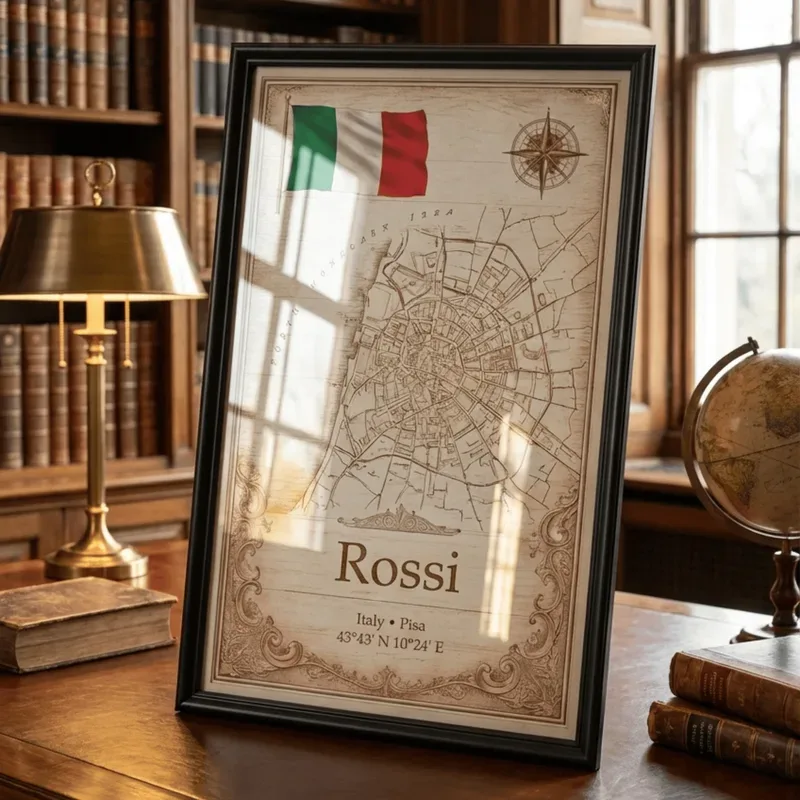 A framed Rossi family origins map standing on a desk in a study